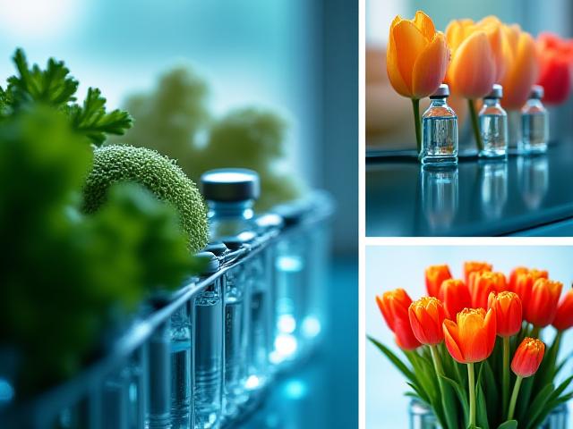 Collage of fresh produce, medical vials, and frozen foods