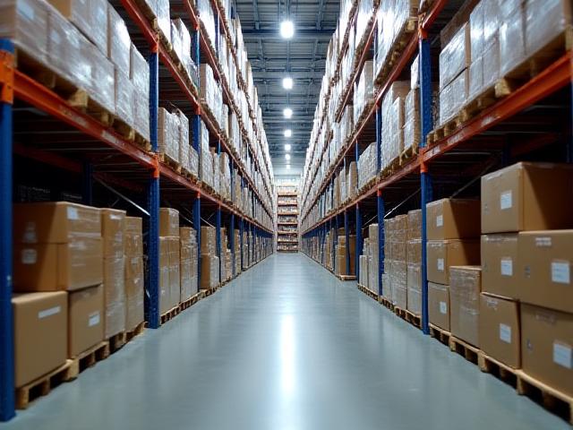 Wide shot of clean warehouse aisles